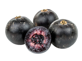 Obraz premium Four ripe dark purple grapes with one cut in half showing juicy interior isolated on transparent background