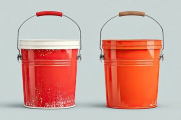 Two red paint buckets, one used, one new