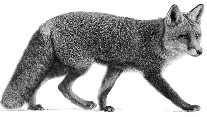 A meticulously detailed monochrome illustration captures the essence of a fox, embodying its sleek form and astute gaze, as seen in Fox Illustration
