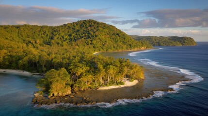 Obraz premium Aerial View of Tropical Island Coast with Turquoise Waves Crashing Against Rugged Coral Cliffs and Crystal-Clear Water in Bright Sunlight 