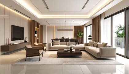 Fototapeta premium A modern minimalist living space with neutral tones, polished finishes, and clean symmetry under soft diffused lighting.