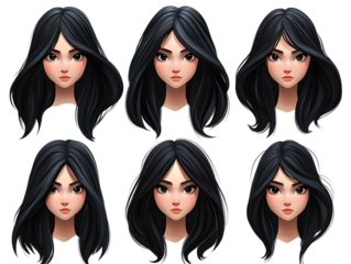 Six different cartoon style female character portraits with long black hair isolated on transparent background