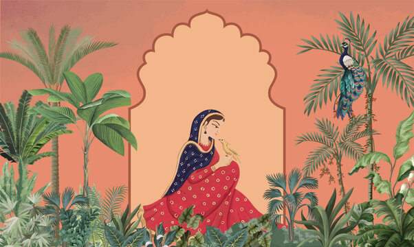 Mughal Wedding Wall Mural, Indian Wedding, Bride, Peacock, Mughal Arch