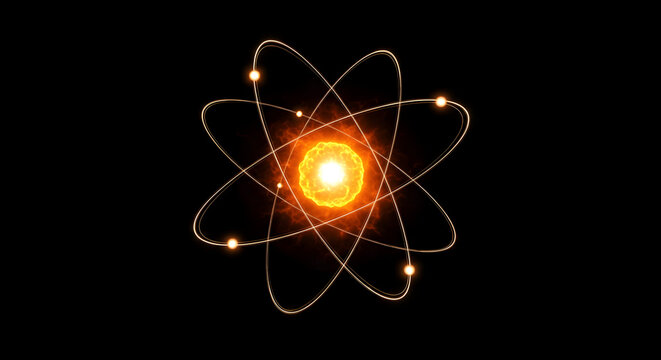 Detailed Visualization of an Atom Structure with Electrons Orbiting Around a Radiant Nucleus, Symbolizing Energy and Scientific Discovery