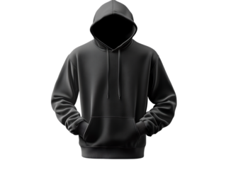 Anonymous person wearing a dark gray hoodie with hands in pockets isolated on transparent background