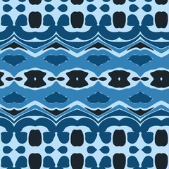 Blue monochromatic seamless pattern with intricate, wavy tribal motifs. An abstract background inspired by traditional ikat or batik textiles