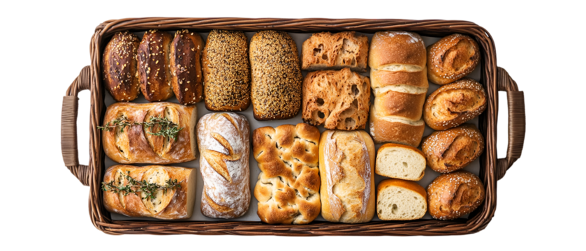 Artisan bread selection in a woven basket, perfect for breakfast, brunch, or bakery menus, delicious and fresh