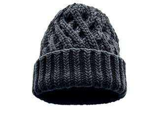 Cozy dark grey knitted winter beanie hat with cable knit pattern isolated on transparent background