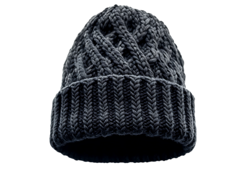 Cozy dark grey knitted winter beanie hat with cable knit pattern isolated on transparent background