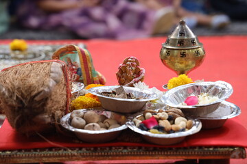 Hindu Puja Thali with Coconut, Ganesh Idol and Sacred Offerings