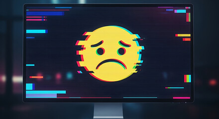 Glitching sad emoticon displayed on computer screen, representing digital error or emotional distress.