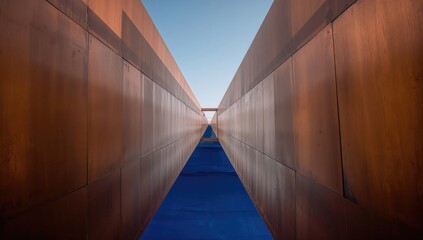 Obraz premium A symmetrical view of a narrow corridor with rust-colored metal walls and a blue floor