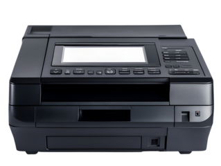 Modern black all in one printer with digital display isolated on transparent background