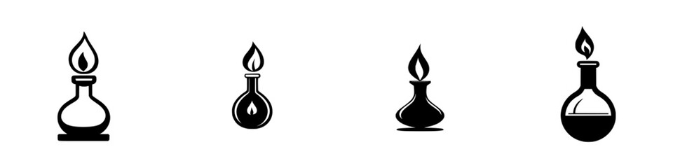 Various laboratory glassware with flames for experiments and research in a science lab setting