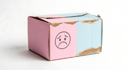 A damaged pink and blue cardboard box with a sad face emoticon drawn on it, isolated on a white background.