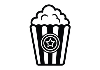 Black and white icon of popcorn in a striped bucket with a star emblem