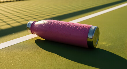 Stylish Pink Water Bottle Glistening with Dew on a Sunlit Tennis Court, Perfect for Hydration After an Active Game or Workout Outside