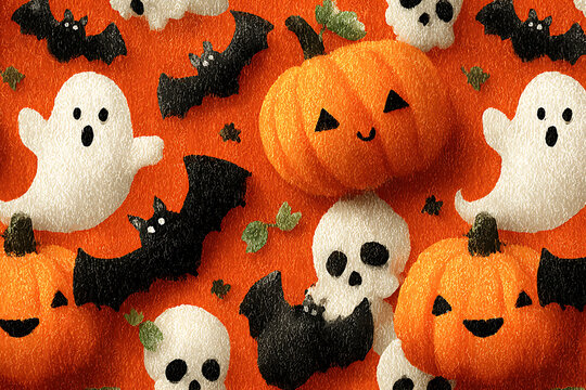 Halloween - themed Pattern with Pumpkins, Ghosts, Bats and Autumn Leaves