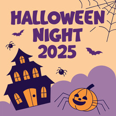 Scary Halloween 2025 Poster with Pumpkins, Ghosts and Spooky Forest Vector