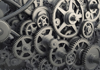 Intricate Clockwork: A complex network of interlocking metal gears and cogs working in perfect unison, symbolizing teamwork and precision.