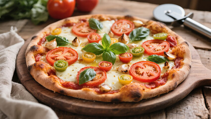 Freshly baked pizza with tomatoes, basil, garlic and melted cheese served on wooden board in rustic kitchen setting.