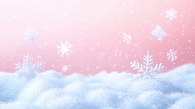 Soft pink winter background with snowflakes falling on fluffy snow.