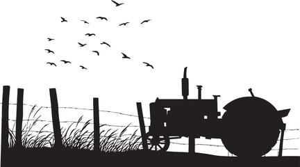 Obsolete tractor in wheat field, tractor,old,technology,wheat field,birds,vector,illustration