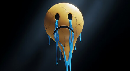A cracked yellow sad face emoji crying thick blue tears that melt down its face against a dark background.