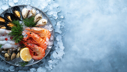 Seafood platter with fresh shrimp mussels oysters and lemon on crushed ice top view copy space representing luxury gourmet cuisine and seafood dining, with copy space