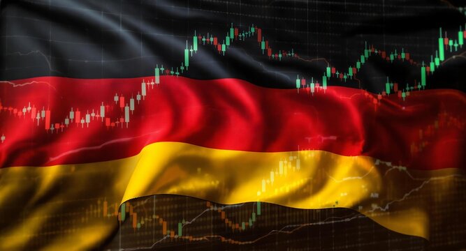 Germany Flag with Stock Market Graph and Financial Data Overlay
