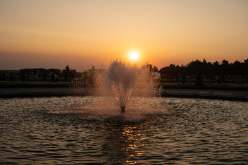 coucher de soleil, Grandes eaux, fontaine, Château de Versailles, Yvelines, 78, France