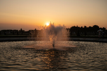 coucher de soleil, Grandes eaux, fontaine, Château de Versailles, Yvelines, 78, France
