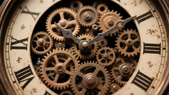 Close-up of an antique clock with visible gears and Roman numerals - Powered by Adobe
