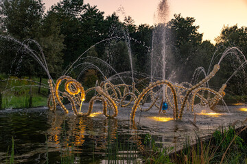 coucher de soleil, Grandes eaux, fontaine, Château de Versailles, Yvelines, 78, France