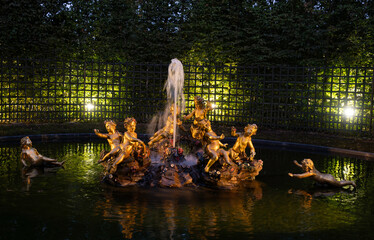 coucher de soleil, Grandes eaux, fontaine, Château de Versailles, Yvelines, 78, France