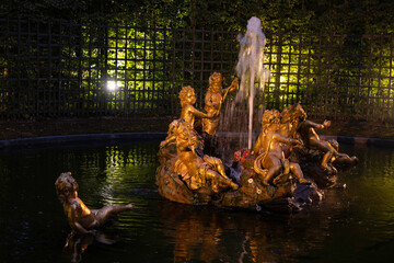 coucher de soleil, Grandes eaux, fontaine, Château de Versailles, Yvelines, 78, France