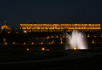 coucher de soleil, Grandes eaux, fontaine, Château de Versailles, Yvelines, 78, France