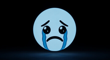 A glowing light blue emoji with large, tearful eyes and a sad frown, crying streams of tears against a black background.