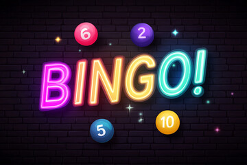 Colorful neon bingo sign with glowing lottery balls and sparkling lights on dark brick wall background representing gambling entertainment and gaming fun