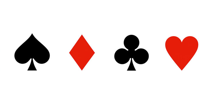 Four playing card suits spade diamond club and heart symbols isolated on white background representing casino gambling and card game concept