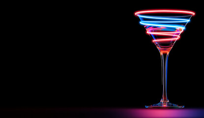 Creative neon light swirl in elegant cocktail glass on black background representing nightlife celebration and modern party concept, copy space