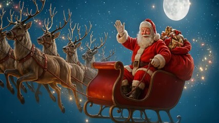 Santa claus rides sleigh with reindeer flying in night sky decorated with stars. New year holiday santa claus in red suit traveling with reindeer sleigh through snowy sky. Christmas concept - Powered by Adobe