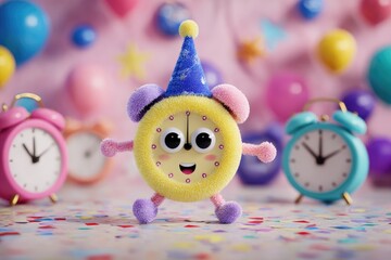 A cartoon clock, party hat, and balloons. Festive scene