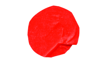 Red circle masking tape sticker with crumpled edges, separate crumpled round paper on transparent background.