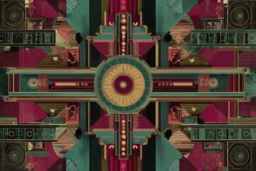 Geometric art deco illustration featuring a symmetrical radial motif with rich red, green and gold tones, ornate circular patterns and retro vintage design