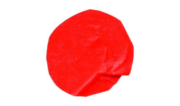 Red circle masking tape sticker with crumpled edges, separate crumpled round paper on transparent background.