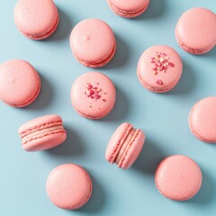 Obraz premium Vibrant pink macarons elegantly arranged on a calm blue background, showcasing their delicate texture and sweet gourmet appeal, perfect for delightful patisserie concepts.
