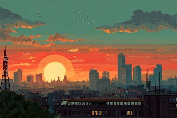 Retro sunset cityscape with glowing red sun and silhouetted skyscrapers reflecting on water, cinematic vintage digital illustration art