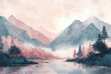 Textured watercolor nature scene with misty mountains, serene river and trees in pastel pink hues under a cloudy sky, tranquil landscape digital illustration