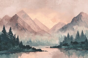 Tranquil watercolor landscape with misty mountains, serene lake and pine trees in soft pastel hues, digital illustration painting